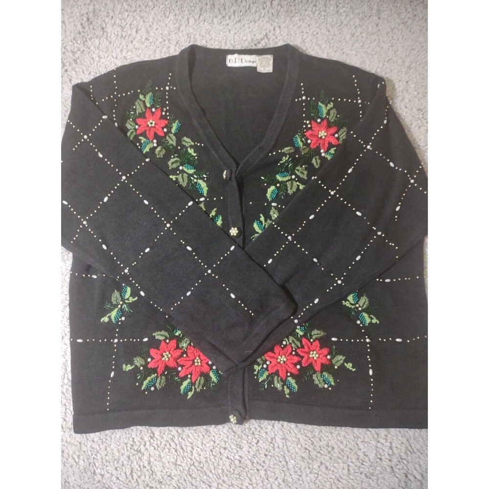 Vtg BP Design Button Down XL Christmas Sweater Mistletoe Embroidery Beaded
